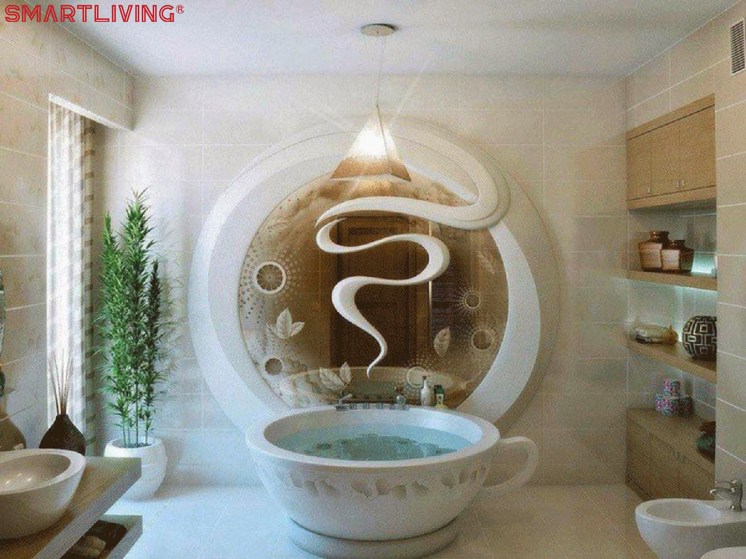Lấy cảm hứng từ cốc trà, thiết kế nhà tắm kiểu này phải nói là độc nhất vô nhị. Ngoài bồn tắm, sự kết hợp cũng các thiết bị và cách bài trí khác cũng tạo nên cảm giác như một nhà tắm chỉ có trong phim ảnh