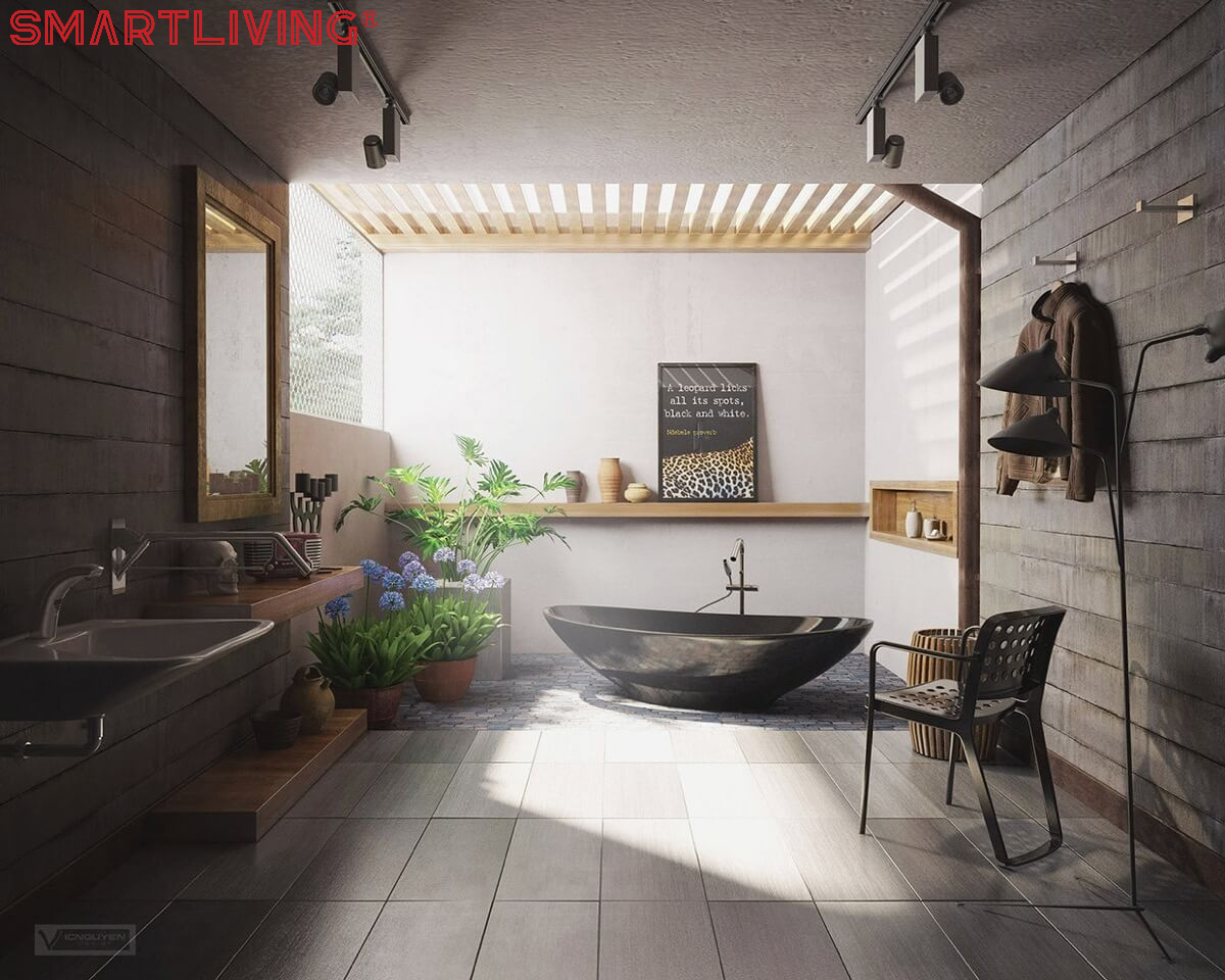 Phong cách tối giản, kết hợp tông màu trắng - đen đơn giản, thiết kế bồn tắm dạng tròn dài khá đặc biệt. 